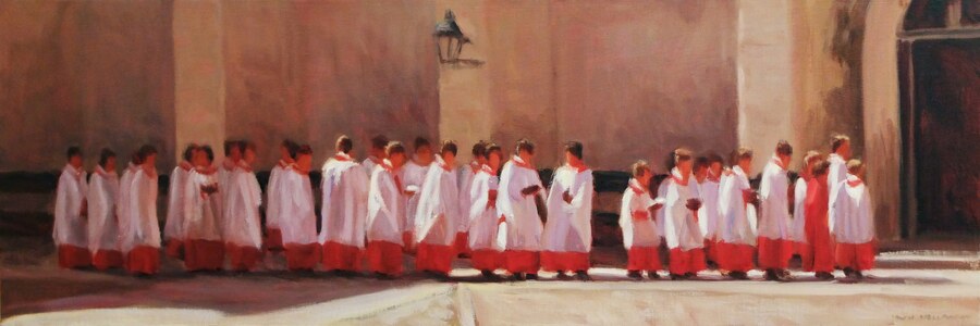Winchester College chapel choir on the steps — oil painting by Iain Vellacott