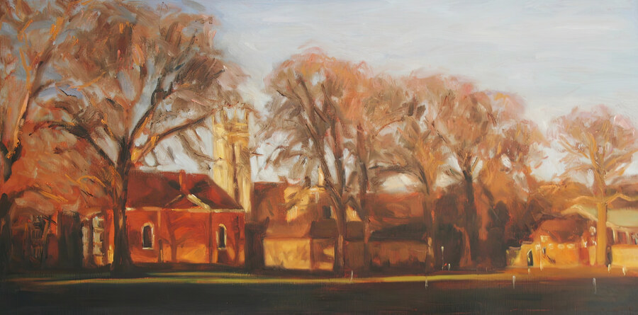 Evening light across Meads at Winchester College — oil painting by Iain Vellacott