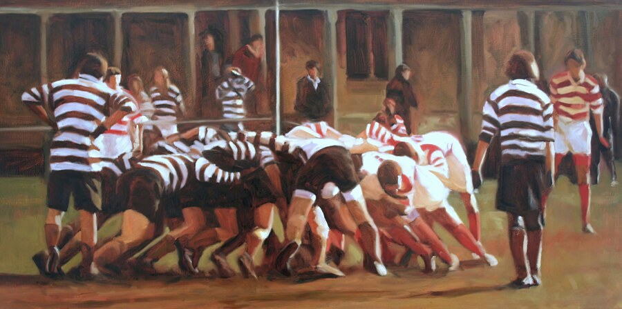 Winchester College Football scrum, a ‘hot’ — oil painting by Iain Vellacott