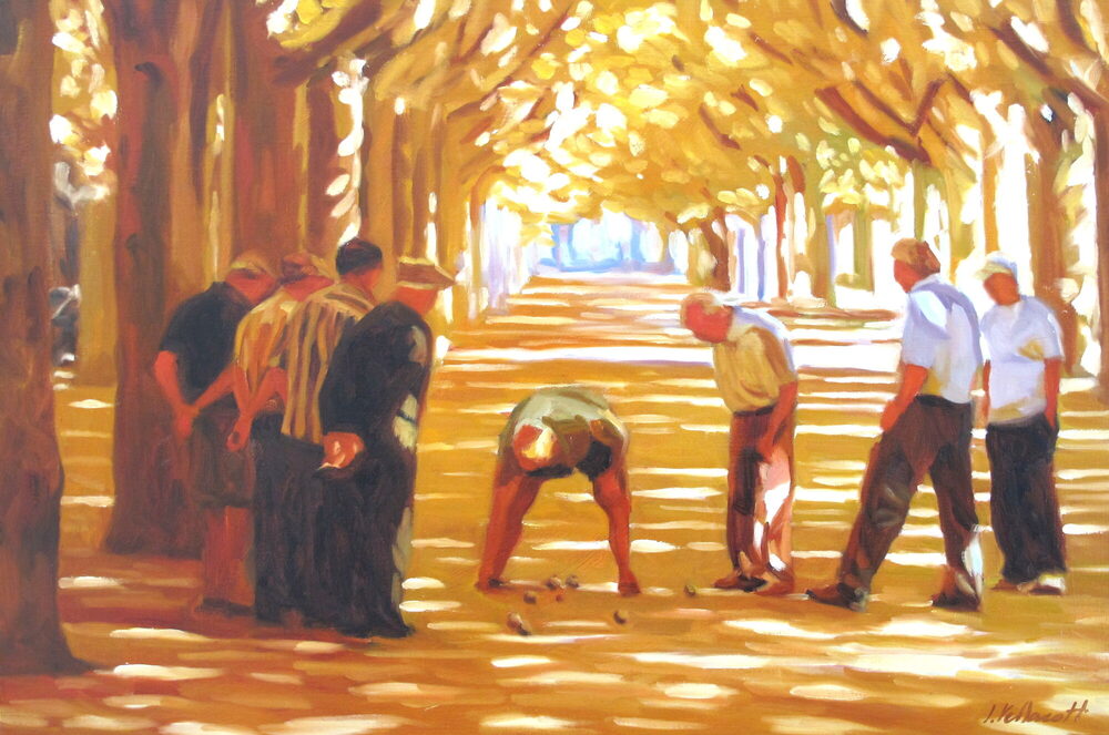 Oil painting of men playing pétanque — French boules — beneath plane trees, by Iain Vellacott
