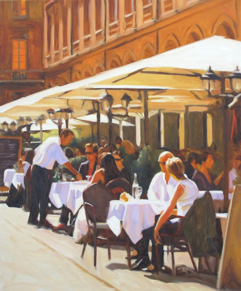 Oil painting of an open-air French restaurant terrace with waiters, by Iain Vellacott