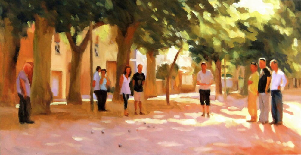 Oil painting of a game of pétanque under the plane trees in a French square, by Iain Vellacott