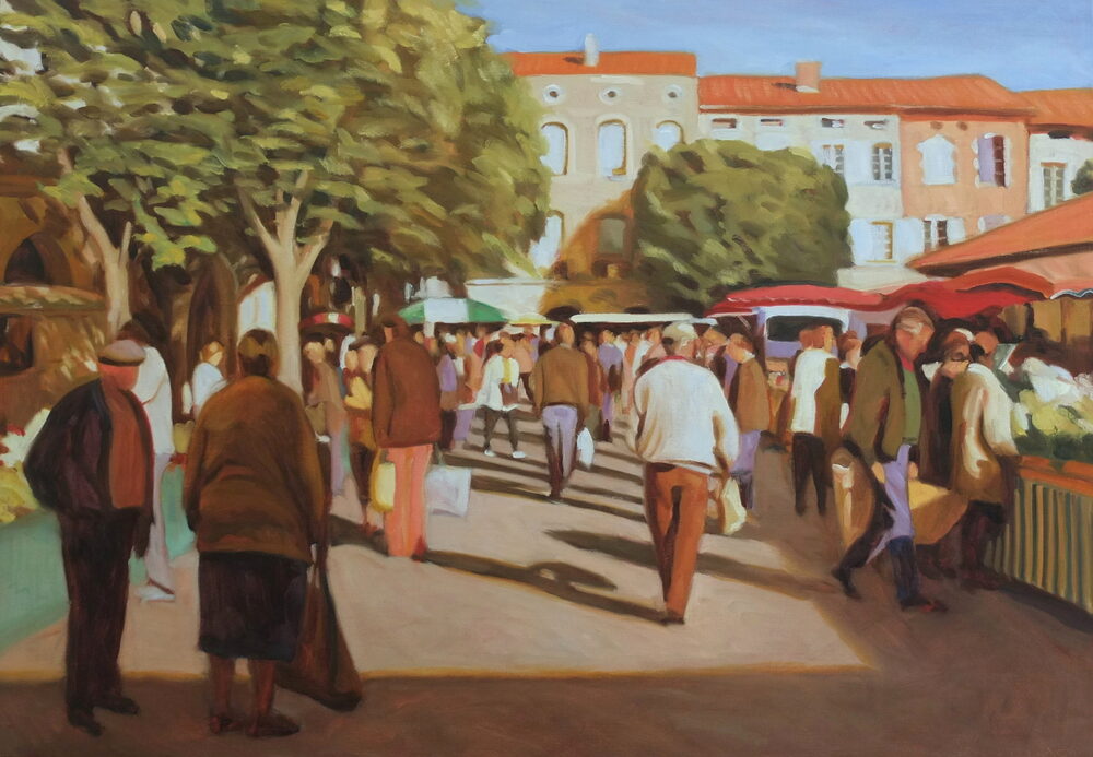 Oil painting of a busy French street market, by Iain Vellacott