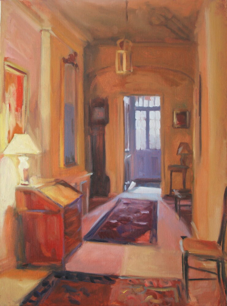 Oil painting of a warm French interior hallway with a lamp, by Iain Vellacott