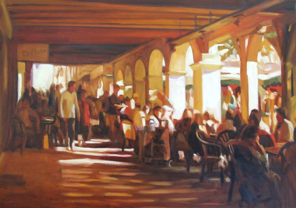 Oil painting of diners at a French café beneath an arcade, by Iain Vellacott