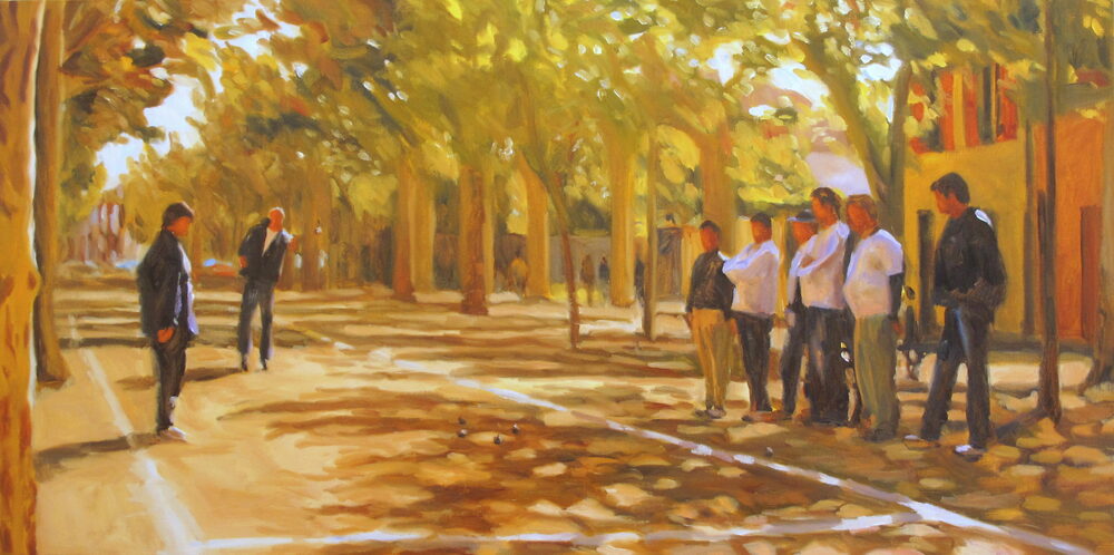 Oil painting of boules players gathered under the plane trees, by Iain Vellacott