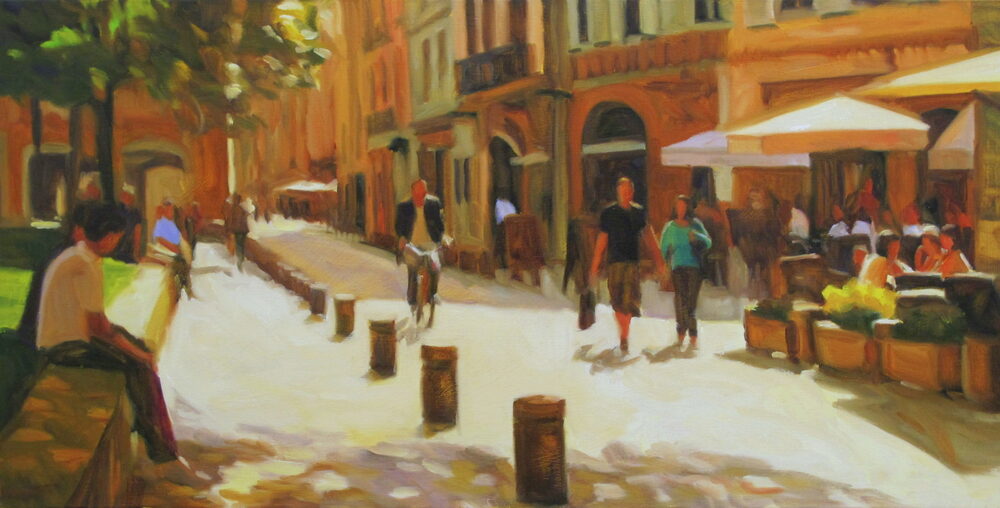 Oil painting of a French café terrace on a town street, by Iain Vellacott